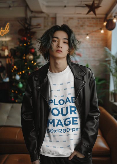 Mockup of an AI-Created Man Wearing a Long Sleeve Tee in a Xmas-Decorated Room