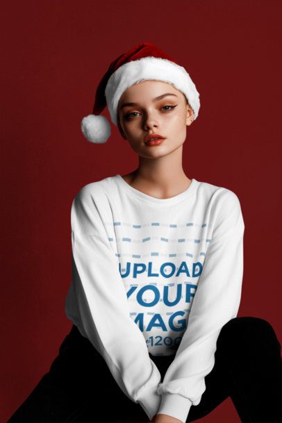 Mockup of an AI-Created Woman Wearing a Sweatshirt and a Santa Claus Hat