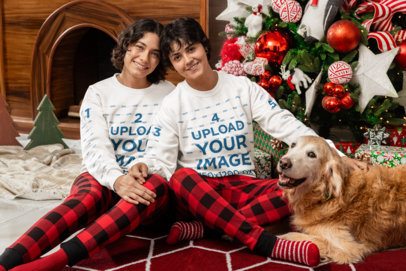 Gildan Sweatshirt of Two Women and a Dog in a Christmas-Decorated Room