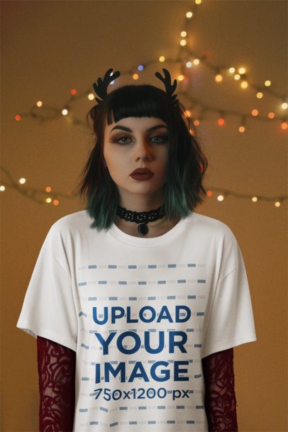 Round-Neck Tee Mockup of an AI-Generated Woman Posing Against Xmas Lights