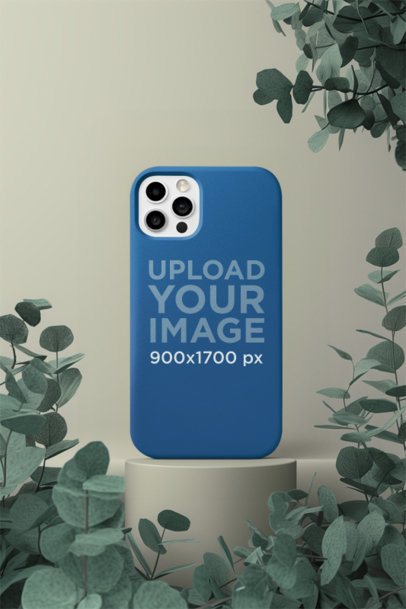 Mockup of an AI-Generated Phone Case Standing on a Backdrop With Plants