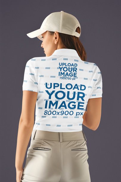 Back-View Mockup of a Woman Created by AI Wearing a Sublimated Polo Shirt in a Studio