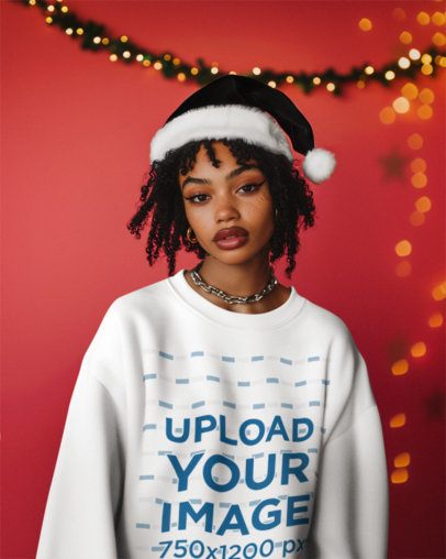 Xmas-Themed Mockup Featuring a Woman with Curly Hair Wearing a Sweatshirt