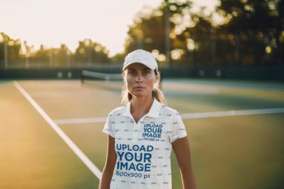 AI-Created Mockup of a Woman Wearing a Polo Shirt on a Tennis Court