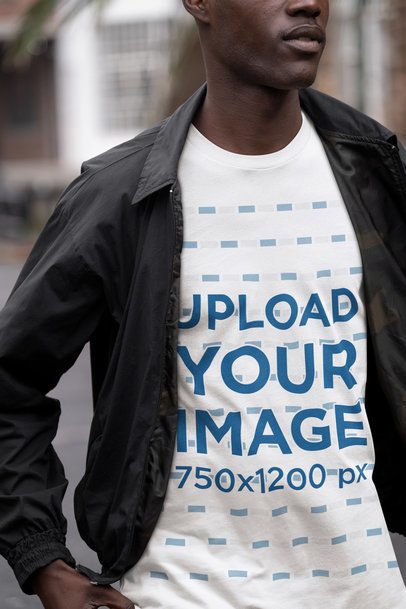 Closeup-View Mockup Featuring a Man Wearing a Rounded-Neck T-Shirt on the Street m50385