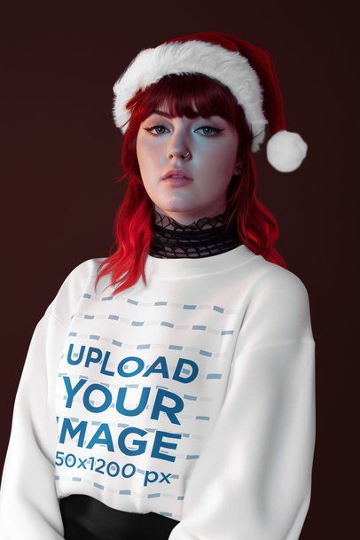 Sweatshirt Mockup Featuring an AI-Created Woman With a Xmas Hat and a Gothic Look