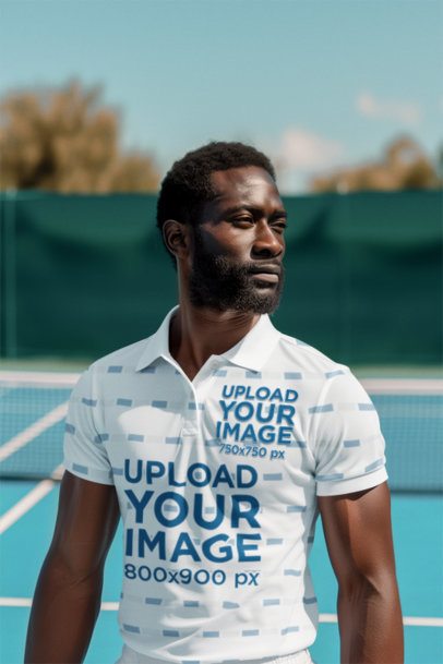 Sports Polo Mockup of an AI-Generated Bearded Man on a Tennis Court