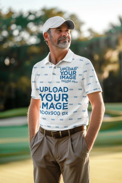 AI-Generated Mockup of a Man with Grey Beard Wearing a Polo Shirt on a Golf Course m50897