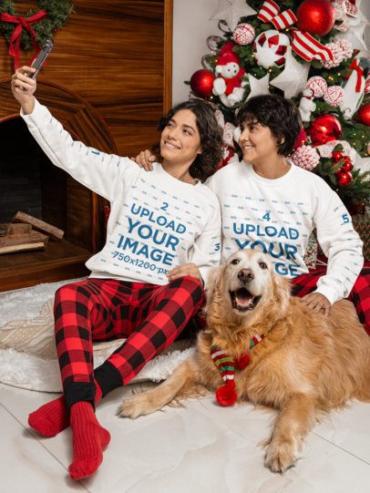 Gildan Sweatshirt Mockup Featuring a Women Couple Taking a Selfie With a Sweet Dog on Christmas