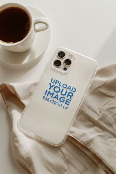 Mockup of an AI-Generated Phone Clear Case Lying Next to a Cup of Coffee m51626