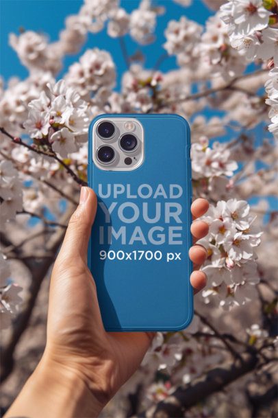 AI-Created Mockup Featuring a Woman Holding a Clear Phone Case Against a Flower Tree