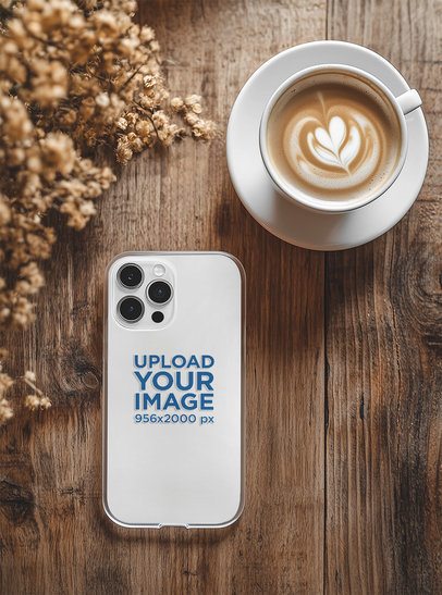 AI-Generated Mockup of an iPhone 15 Pro with a Clear Case Placed Next to a Coffee