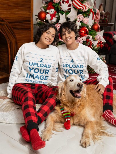 Gildan Sweatshirt Mockup Featuring Two Women Celebrating Christmas With a Cute Dog