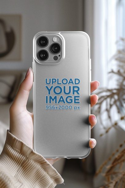 AI-Generated Mockup of a Woman's Hand Holding an iPhone 15 Pro with a Clear Case