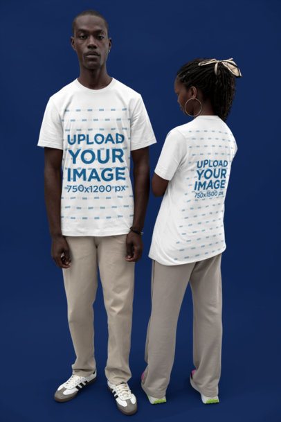 Back and Front View Mockup of a Man and a Woman Wearing Bella Canvas T-Shirts in a Studio