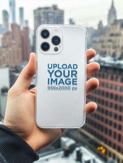 AI-Created Mockup of a Man Holding an iPhone 15 Pro with a Clear Case Against a City View m51647