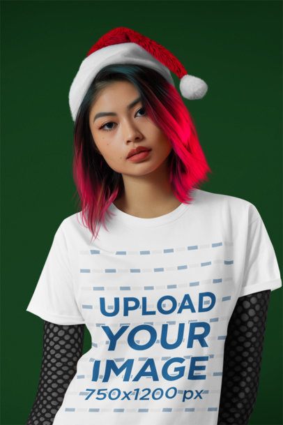 T-Shirt Mockup Featuring an AI-Created Woman With a Santa Claus Hat and a Gothic Style