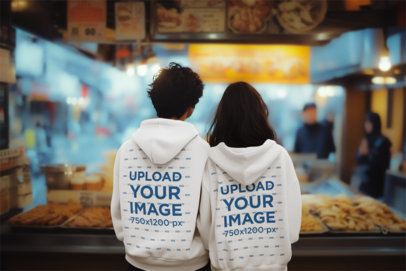 Back-View Hoodie Mockup Featuring an AI-Created Couple in a Food Market