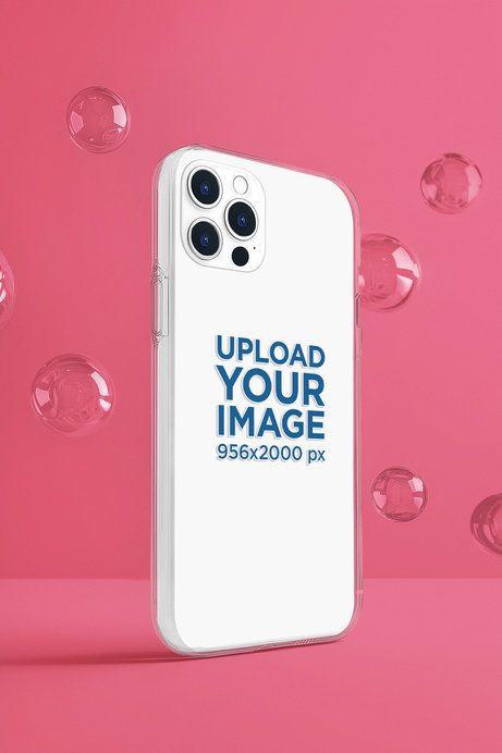 AI-Created Mockup Displaying a Clear iPhone 15 Pro Case in a Studio with Bubbles