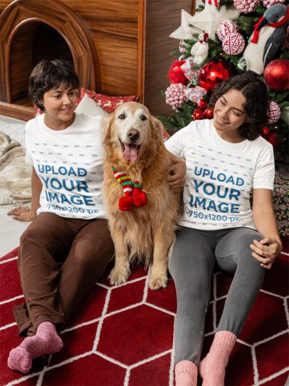 Bella Canvas T-Shirt Mockup of a Happy Female Couple and a Dog Posing for a Xmas Shoot