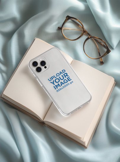 Mockup Featuring an AI-Created iPhone 15 Pro with a Clear Case Placed on an Open Book
