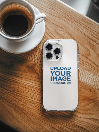Clear iPhone 15 Pro Mockup Featuring a Device Next to a Coffee on a Table 