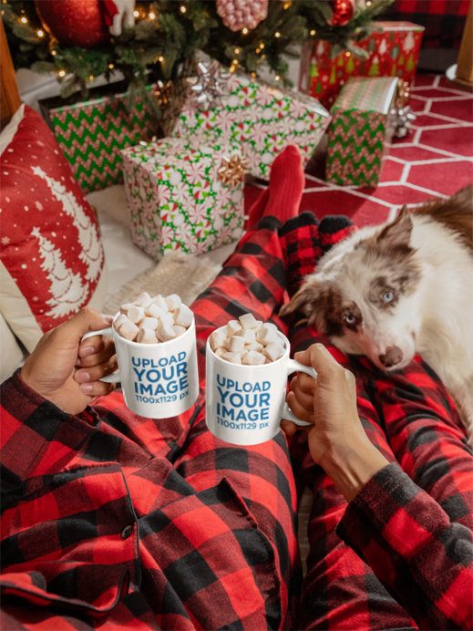 Mockup of a Couple in Matching Christmas Outfits Holding 11 oz Mugs