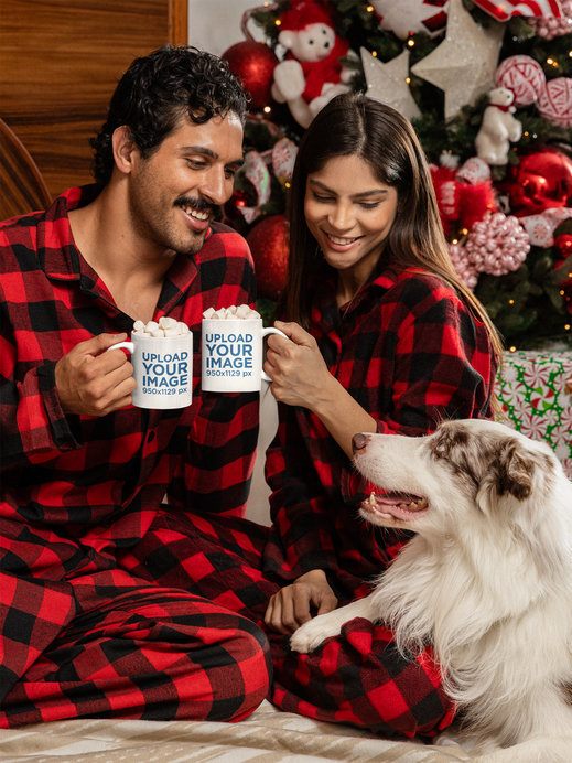 Mockup of a Happy Couple and Their Dog Holding 11 oz Mugs in a Xmas-Decorated Room