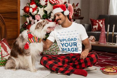 Bella Canvas T-Shirt Mockup Featuring a Happy Man Petting His Dog on a Christmas Morning