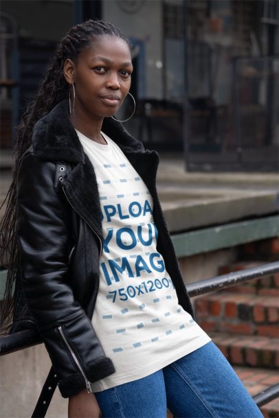 Mockup Featuring a Woman Wearing a Bella Canvas T-Shirt Under a Winter Garment