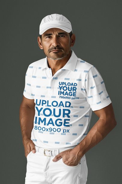 AI-Created Mockup Featuring a Man Wearing a Sublimated Polo Shirt in a Studio