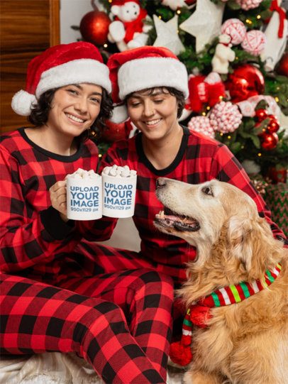Coffee Mug Mockup of Two Happy Women With a Dog Celebrating Christmas m52062