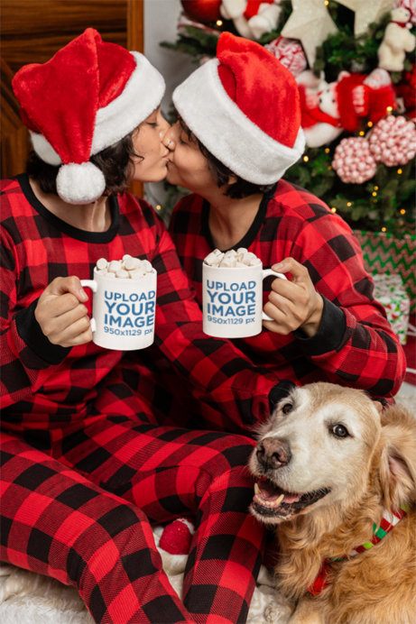 Coffee Mug Mockup Featuring Two Women Kissing and a Dog in a Christmas Morning