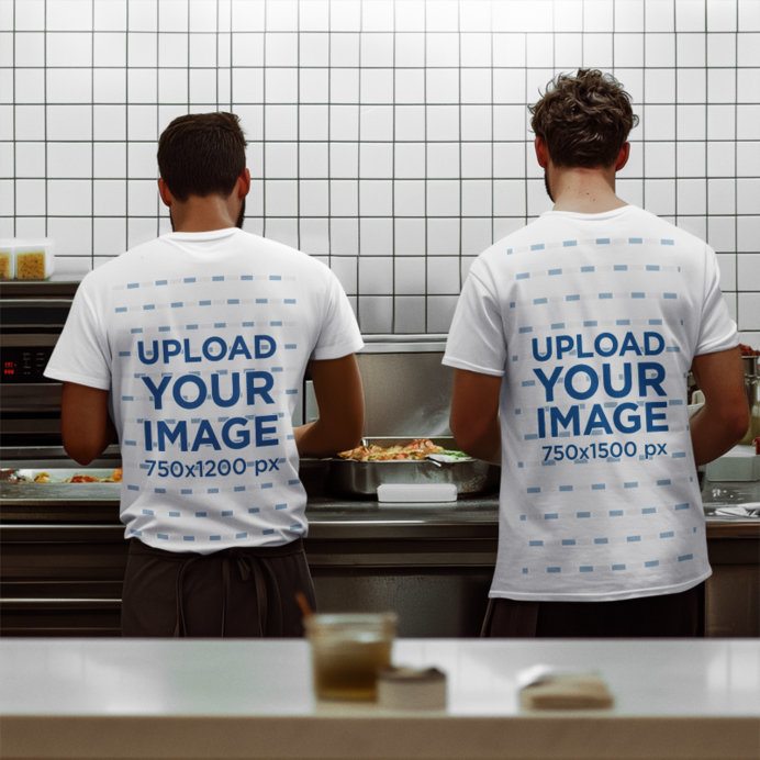 Back-View T-Shirt Mockup Featuring Two AI-Created Men Working in a Buffet Restaurant