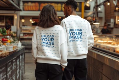 Back-View Sweatshirt Mockup of an AI-Generated Man and Woman Walking in a Food Market