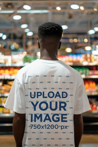 Back-View T-Shirt Mockup of an AI-Generated Man at a Grocery Store's Hall