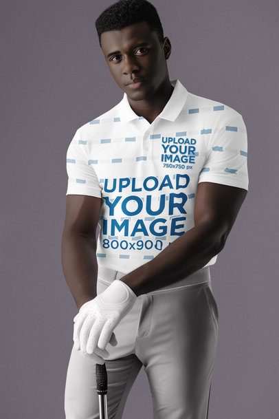 Mockup Featuring an AI-Generated Man Wearing a Sublimated Polo Shirt in a Studio