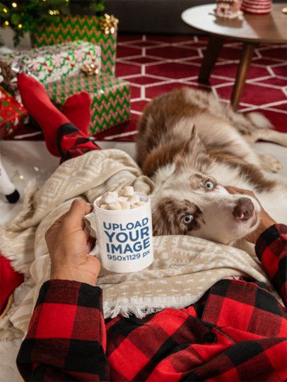 POV Mockup of a Person in a Xmas Outfit Holding an 11 oz Mug and Petting a Dog m52040