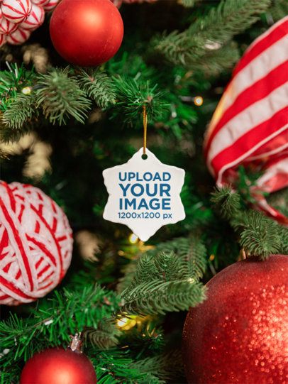 Star-Shaped Ceramic Ornament Mockup Featuring a Decorated Christmas Tree