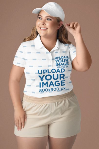 Mockup of an AI-Created Happy Woman Wearing a Sublimated Polo Shirt in a Studio