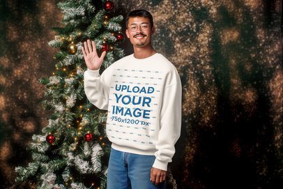 Sweatshirt Mockup Featuring an AI-Created Happy Man Posing Against a Christmas Tree