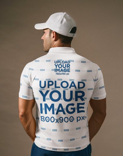 Back-View Mockup Featuring a Man Wearing a Sublimated Polo Shirt in a Studio