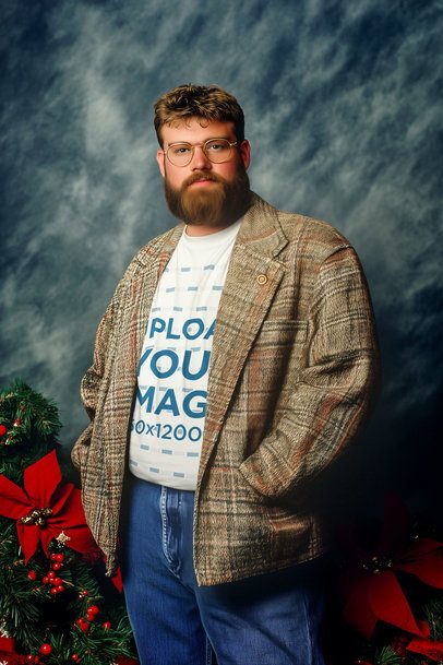 Round-Neck T-Shirt Mockup Featuring an AI-Created Man in a Retro Xmas Setting