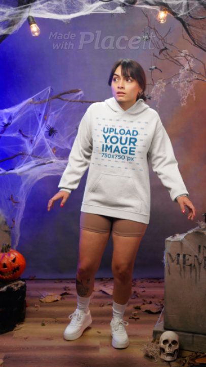 Gildan Pullover Hoodie Featuring a Scary Woman in a Halloween-Themed Setting