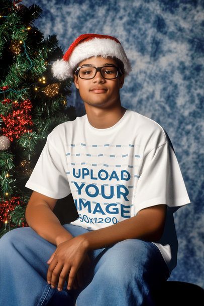 Retro Mockup of an AI-Generated Man With a Tee in a Christmas-Themed Studio Setting
