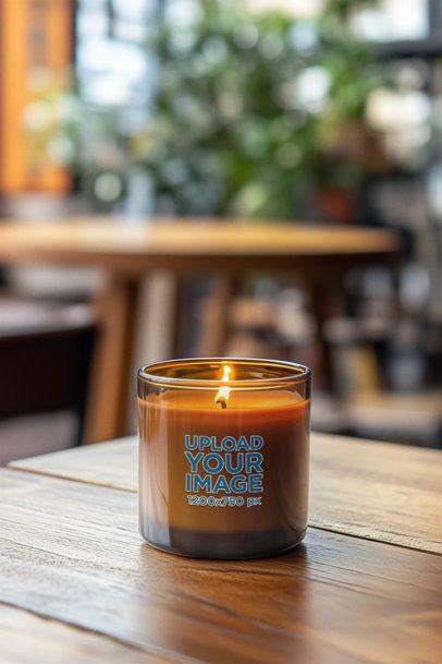 Mockup of an AI-Generated Scented Amber Glass Candle Placed on a Table m51900