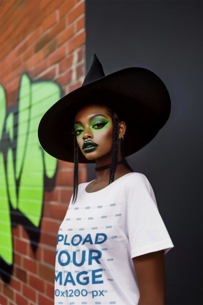 Witch Musical-Inspired Mockup of an AI-Generated Woman With a T-Shirt and Graphic Green Eye Makeup