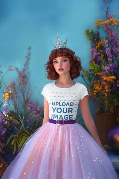 T-Shirt Mockup Featuring an AI-Created Woman Wearing a Princess Outfit Inspired by a Witch Musical