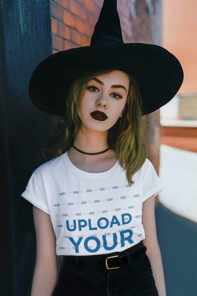 Round-Neck Tee Mockup Featuring an AI-Created Woman Inspired by a Witch Musical Character