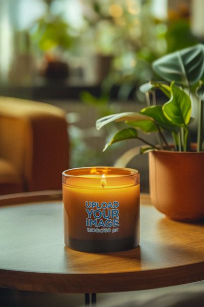 Home Decor Mockup Featuring an AI-Created Amber Candle Placed in a Table